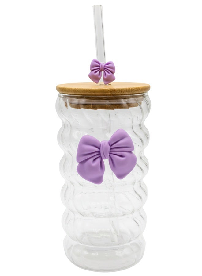 Premium 480ml Ribbed Glass Tumbler with Bamboo Lid & Glass Straw – Cute Aesthetic Iced Coffee Cup Featuring 3D Purple Bow Decoration – Reusable Wavy Drinking Jar for Smoothies, Boba Tea, Mojito, Juice, Soda & Cocktails – Trendy Coquette Style Glassware Gift for Women & Girls – High-Quality Borosilicate Glass Sipper - Image 2